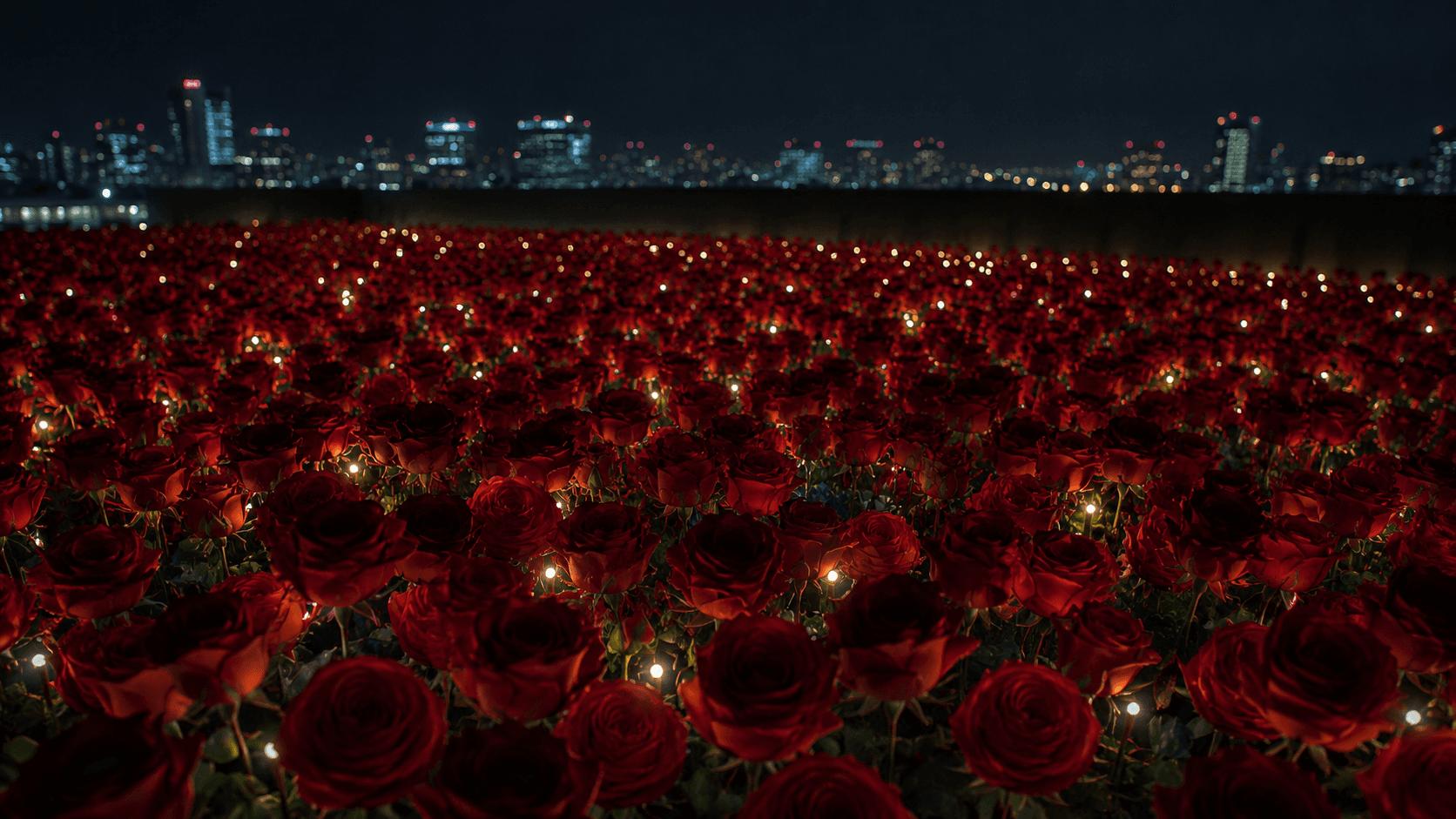 A field of red roses glowing with lights beneath a night city skyline
